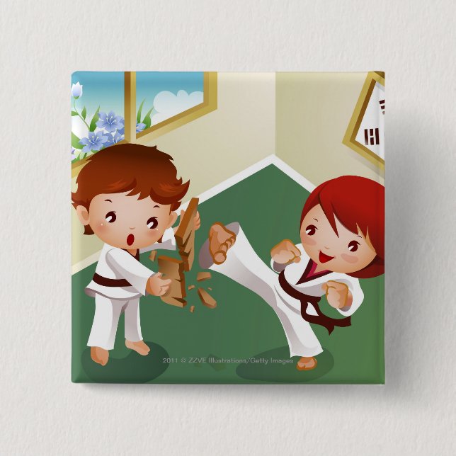 Karatejunge halten hölzern mit anderen, die es button (Vorderseite)