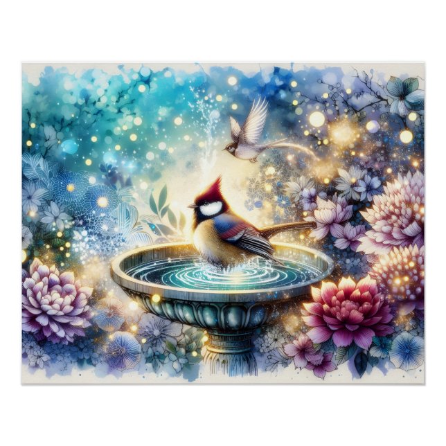 Kardinal am Vogelbad Träumerischer Garten Ar Poster (Vorderseite)