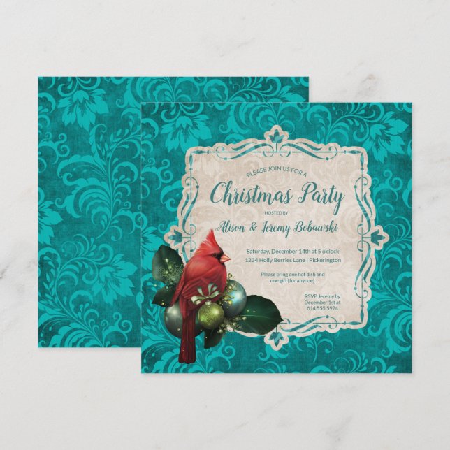 Kardinal & Aquamarin Blue Floral Weihnachten Party Einladung (Vorne/Hinten)