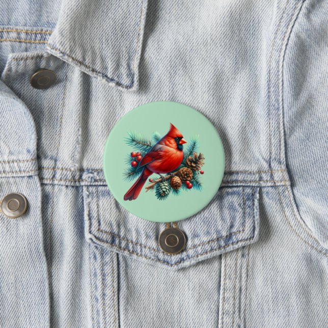 Kardinal auf der Kiefernabzweigung mit den Winterb Button (Beispiel)