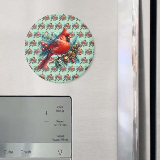 Kardinal auf der Kiefernabzweigung mit den Winterb Magnet (In Situ (Kühlschrank))