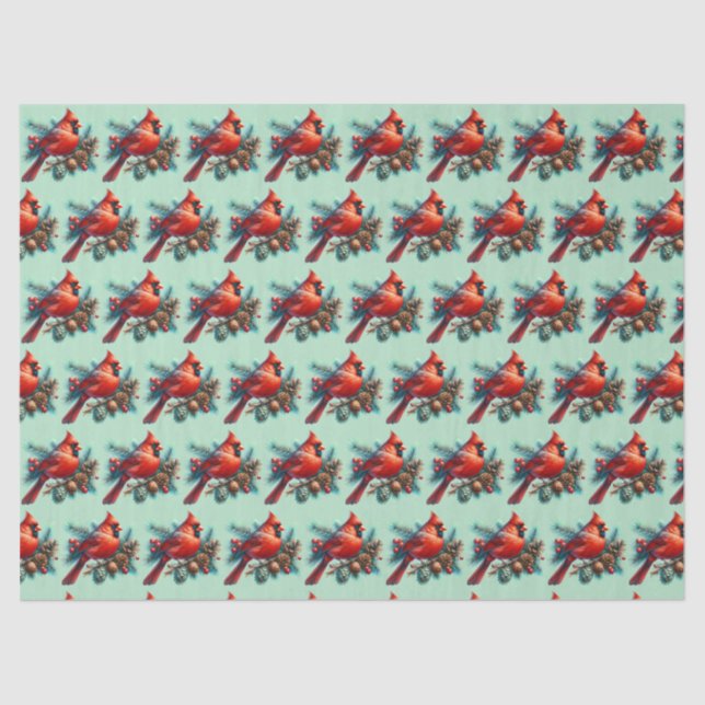 Kardinal auf der Kiefernabzweigung mit den Winterb Seidenpapier (Vorderseite)