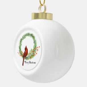 Kardinal auf einem Kranz-Schneeflocken-Ornament mi Keramik Kugel-Ornament