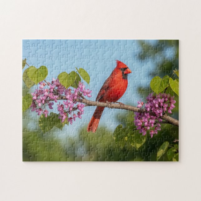 Kardinal auf einem Redbud-Ast Puzzle (Horizontal)