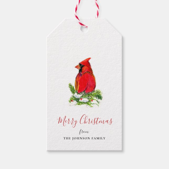 Kardinal auf Kiefernarm Aquarell gestrichen Geschenkanhänger (Vorderseite)