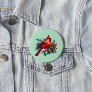 Kardinal auf Kiefernzweig mit Winterbeeren Button