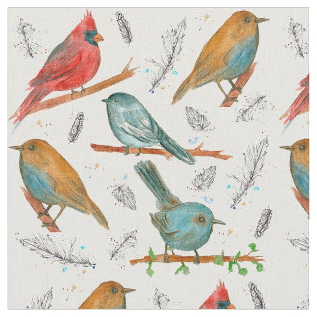Kardinal Bird Chickadee Bluebird Wasserfarben Kuns Stoff (Nahaufnahme)