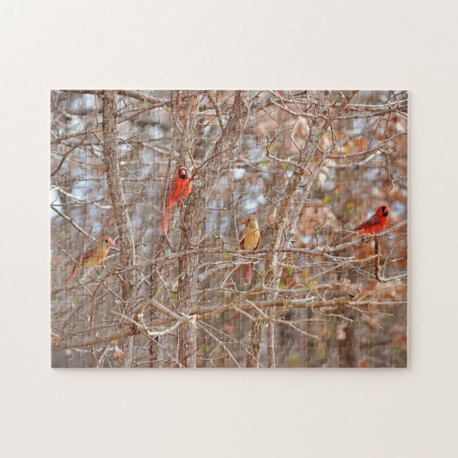Kardinal Bird Couples Fall Season Tree Nature Puzzle (Horizontal)