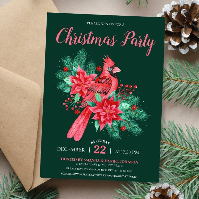Kardinal Bird Floral Weihnachten Party Einladung (Watercolor Cardinal Bird Floral Christmas Party Invitation)
