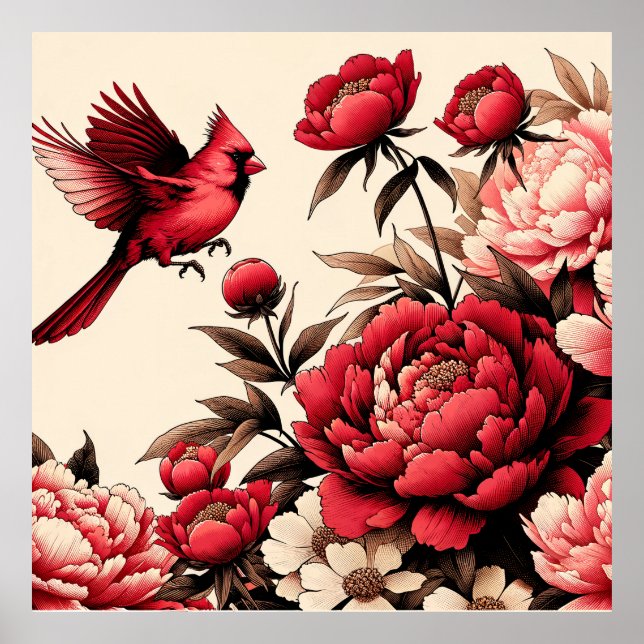 Kardinal Bird Peonies Peony Blume Poster (Vorne)