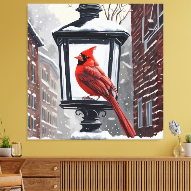 Kardinal Bird saß auf einer schneebedeckten Straße Leinwanddruck (Insitu (Wohnzimmer))