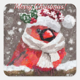 Kardinal Bird Scarf Hat Snow Holiday Quadratischer Aufkleber