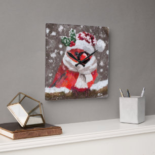 Kardinal Bird Scarf & Hat zu Weihnachten Quadratische Wanduhr