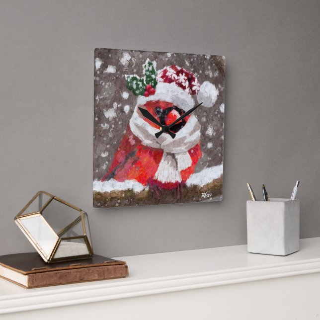 Kardinal Bird Scarf & Hat zu Weihnachten Quadratische Wanduhr (Büro)