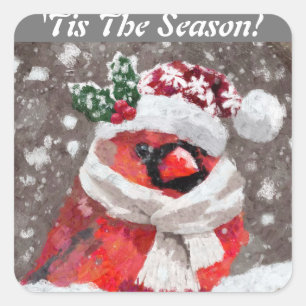 Kardinal Bird Scarf & Hat zu Weihnachten Quadratischer Aufkleber