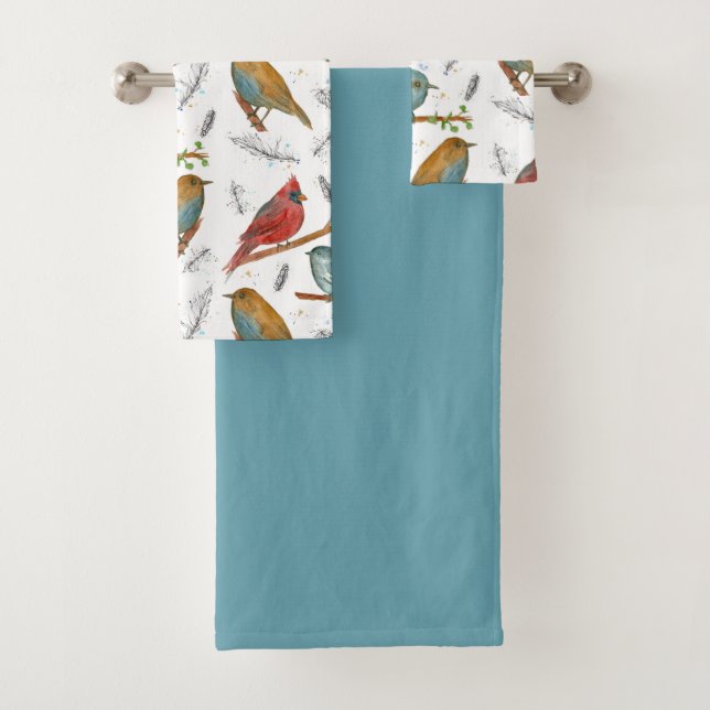Kardinal Bluebird Chickadee Birds Blue Badhandtuch Set (Insitu)