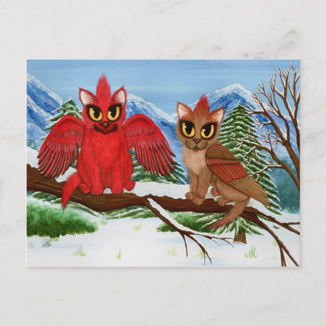 Kardinal Cats Winter Bird Fantasy Cat Art Postkart Postkarte (Vorderseite)