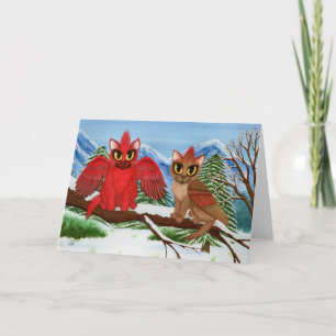 Kardinal Cats Winter Birds Fantasy Cat Art Card Feiertagskarte