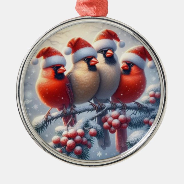 Kardinal Familie Niedlich Weihnachtsgeschenk Gesch Ornament Aus Metall (Vorne)