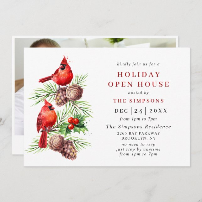 Kardinal Holly Berry Holiday Christmas Open House Einladung (Vorne/Hinten)