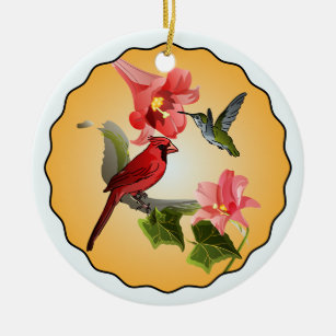 Kardinal & Hummingbird mit rosa Lilien Keramikornament