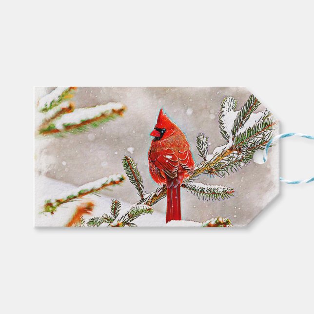 Kardinal im Winter in einem Kiefernwald Geschenkanhänger (Vorderseite (Horizontal))