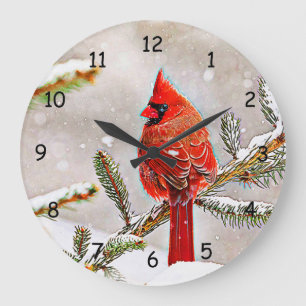 Kardinal in einem Kiefernbaum im Winter Große Wanduhr