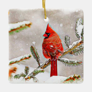 Kardinal in einer Kiefer im Winter Keramikornament