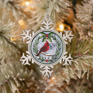 Kardinal mit festgeklemmtem Glass aus Mistletoe Wr Schneeflocken Zinn-Ornament