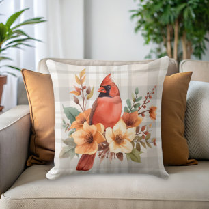 Kardinal mit Herbst-Blume und Kariert Kissen