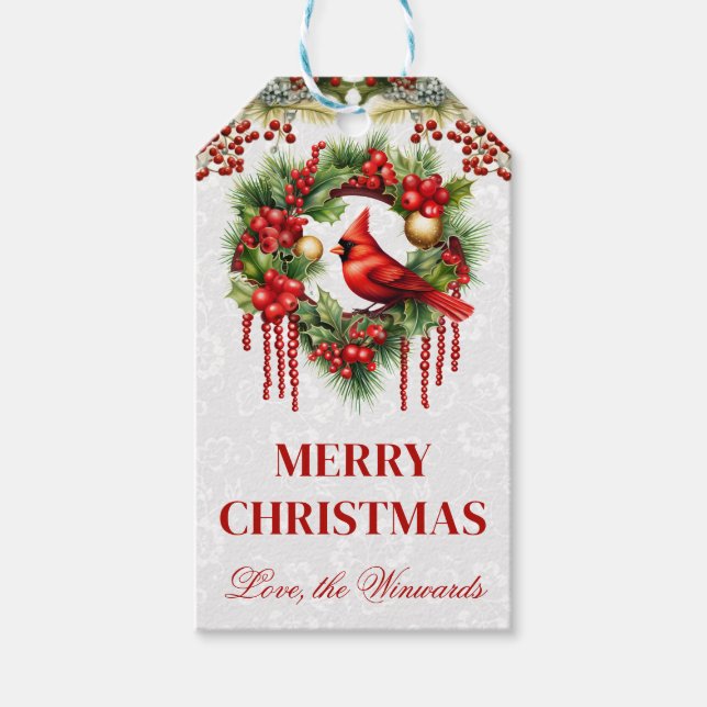 Kardinal mit Kranz-Weihnachtsdesign Geschenkanhänger (Vorderseite)