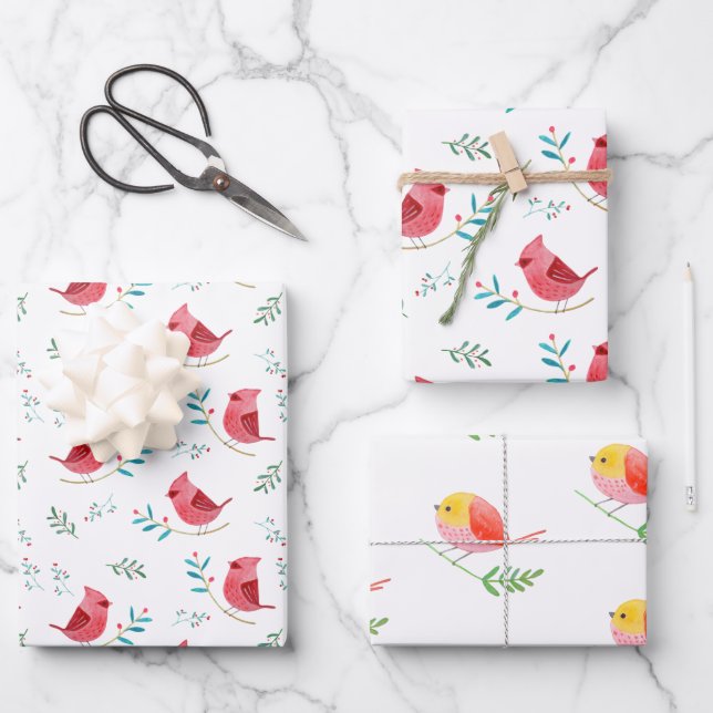 Kardinal niedliche Waldvögel Weihnachtsgeschenk Geschenkpapier Set (Vorderseite)