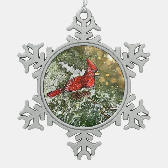Kardinal Schneeflocken Zinn-Ornament (Vorderseite)