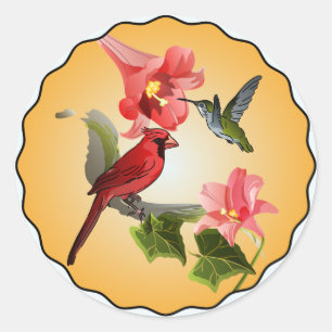 Kardinal u. Kolibri mit den rosa Lilien rund Runder Aufkleber