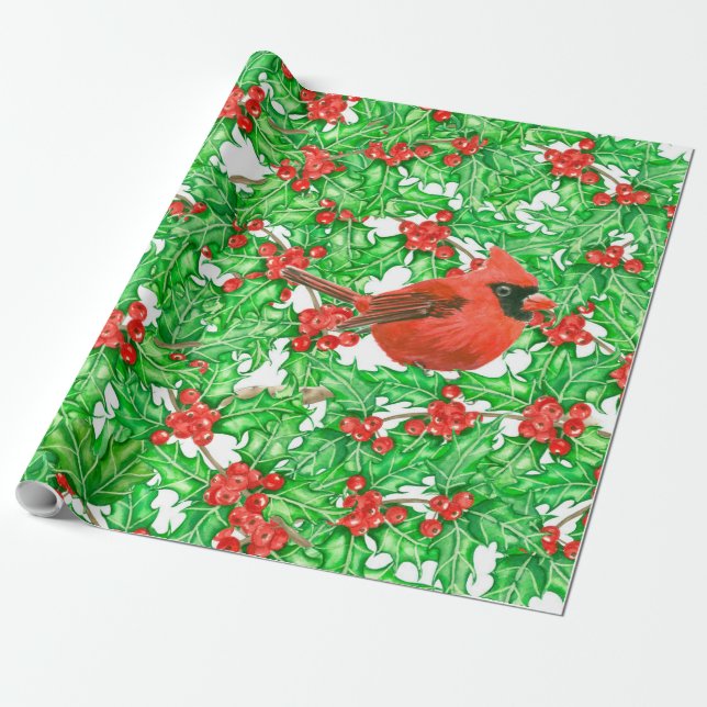 Kardinal- und Heilbeerenfarbmuster Geschenkpapier (Ungerollt)