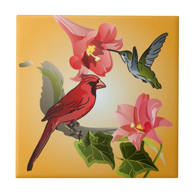 Kardinal und Hummingbird mit rosafarbenen Lilien u Fliese (Vorderseite)