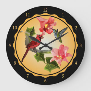 Kardinal und Hummingbird mit rosafarbenen Lilien u Große Wanduhr