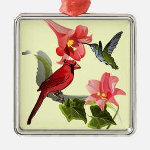 Kardinal und Hummingbird mit rosafarbenen Lilien u Ornament Aus Metall