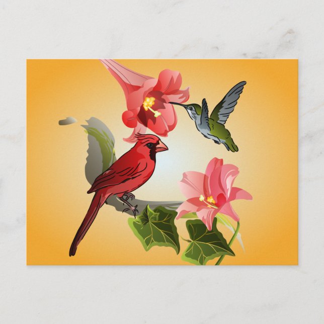 Kardinal und Hummingbird mit rosafarbenen Lilien u Postkarte (Vorderseite)