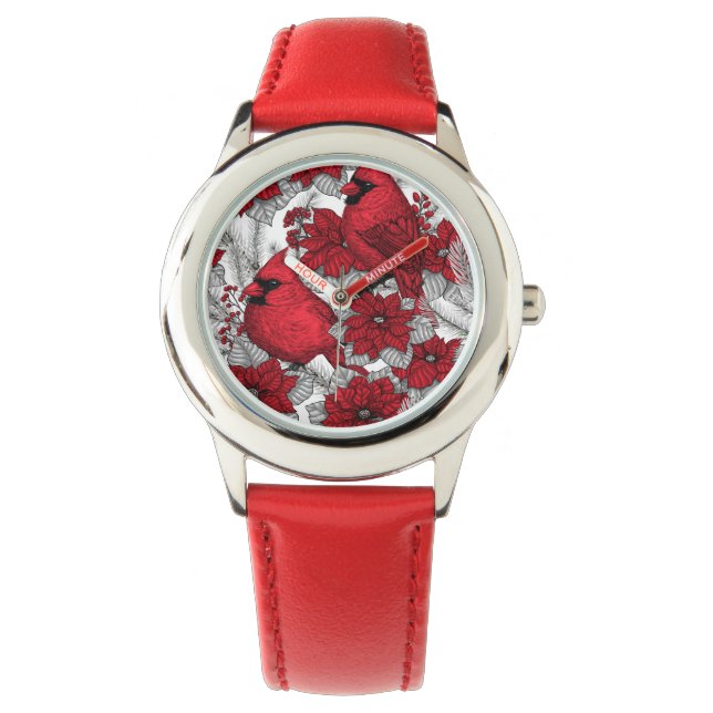 Kardinal und Poinsettia in Rot und Weiß Armbanduhr (Vorderseite)