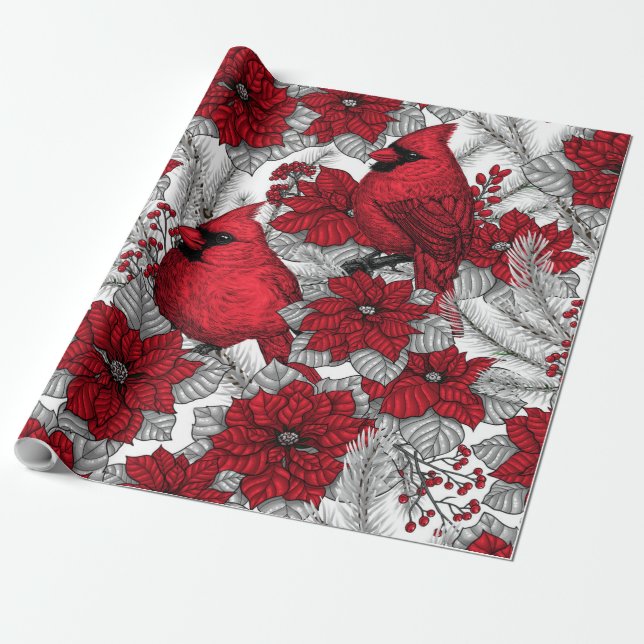 Kardinal und Poinsettia in Rot und Weiß Geschenkpapier (Ungerollt)