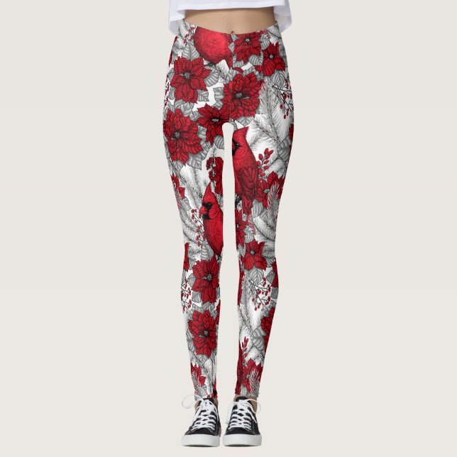 Kardinal und Poinsettia in Rot und Weiß Leggings (Vorderseite)