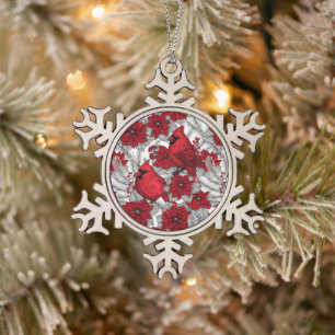 Kardinal und Poinsettia in Rot und Weiß Schneeflocken Zinn-Ornament