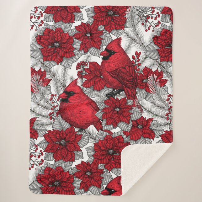 Kardinal und Poinsettia in Rot und Weiß Sherpadecke (Vorderseite)