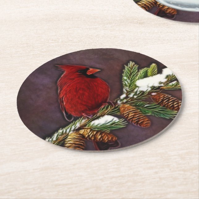 Kardinal und Snowy Pinecones Runder Pappuntersetzer (Angewinkelt)