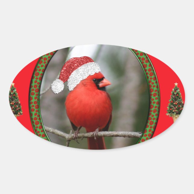 Kardinal und Weihnachtsbäume im Roten Hintergrund Ovaler Aufkleber (Vorderseite)