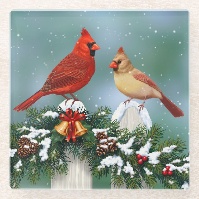 Kardinal und Weihnachtsgarten Glasuntersetzer (Vorderseite)