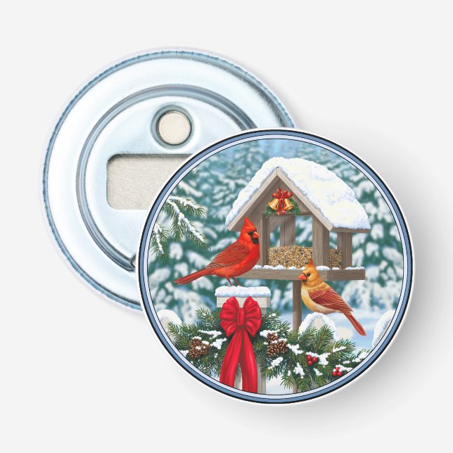 Kardinal und Weihnachtsvogelzuführung Flaschenöffner (Vorderseite)