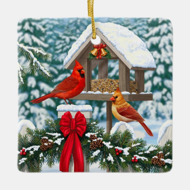 Kardinal und Weihnachtsvogelzuführung Keramikornament (Vorderseite)