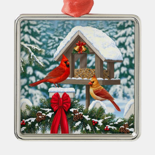 Kardinal und Weihnachtsvogelzuführung Silbernes Ornament (Vorne)